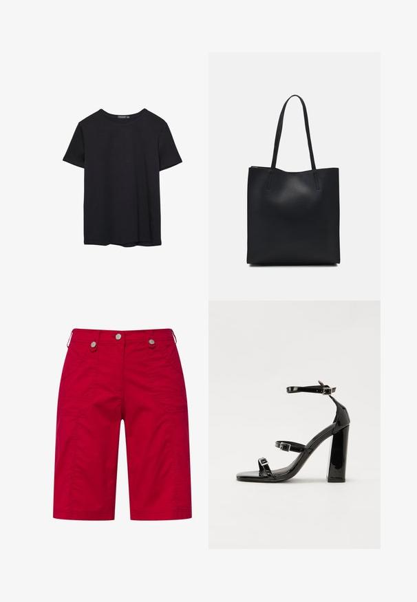 Prosta, krótko rękawowa czarna koszulka bawełniana z okrągłym dekoltem, prezentowana na białym tle.; Czerwone szorty cargo wykonane z bawełny, z dwiema bocznymi kieszeniami, dekoracyjnym przeszyciem oraz srebrnymi zapięciami na guzik w pasie.; Czarne lakierowane sandały na obcasie z kwadratowym noskiem, z paskami wokół kostki i srebrnymi klamrami. Posiadają masywny słupek dla stabilności.; Czarna skórzana torba tote o gładkiej fakturze, prostokątnym kształcie i dwóch długich uchwytach. Brak widocznych elementów metalowych i ozdób.