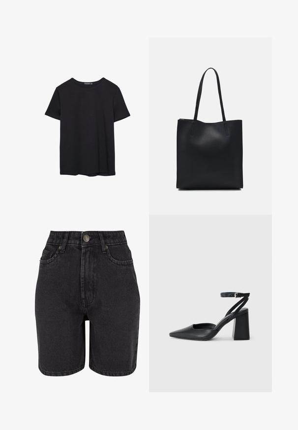 Jednoduché čierne bavlnené tričko s krátkym rukávom a okrúhlym výstrihom, umiestnené na bielom pozadí.; Čierne džínsy krátke šortky s vysokým pásom, päť vreciek a uzáverom na kovový gombík. Materiál má hladkú textúru s jemným opotrebovaním.; Čierne kožené lodičky s špicatou špičkou a členkovým remienkom, s masívnym podpätkom. Hladký povrch, elegantný dizajn a minimalistická estetika.; Čierna kožená taška na rameno s hladkým povrchom, obdĺžnikovým tvarom a dvoma dlhými uchami. Bez viditeľného kovania alebo ozdôb.