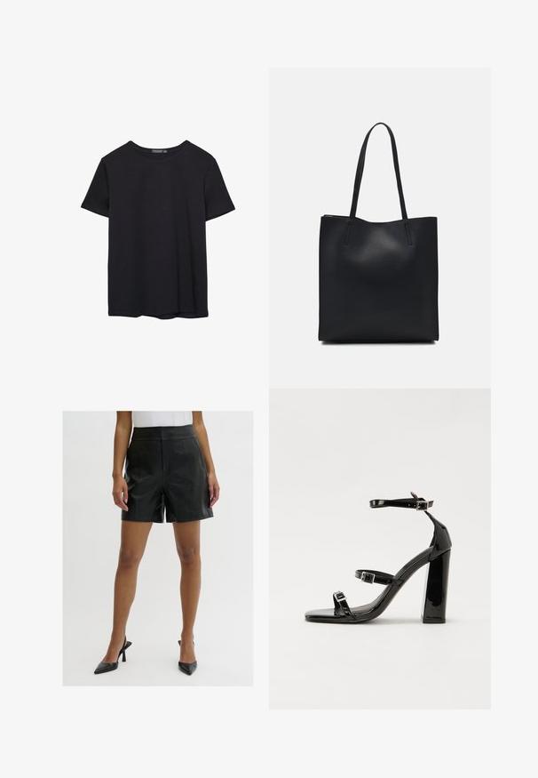 Yksinkertainen lyhythihainen musta puuvillapaidan t-paita, jossa on pyöreä kaula-aukko, esitetty valkoisella taustalla.; Mustat nahkahousut korkealla vyötäröllä, joissa on sileä pinta, kaksi etutaskua ja siistit, räätälöidyt linjat.; Musta kiiltävä korkokenkä sandaalit neliönmuotoisella varpaalla, nilkkaremmillä ja hopeisilla soljilla. Varustettu tukevalla lohkokorkealla vakauden takaamiseksi.; Mustapahkainen kangaskassi, jossa on sileä pinta, suorakaiteen muotoinen ja kaksi pitkää kahvaa. Ei näkyvää metalliosaa tai koristeita.