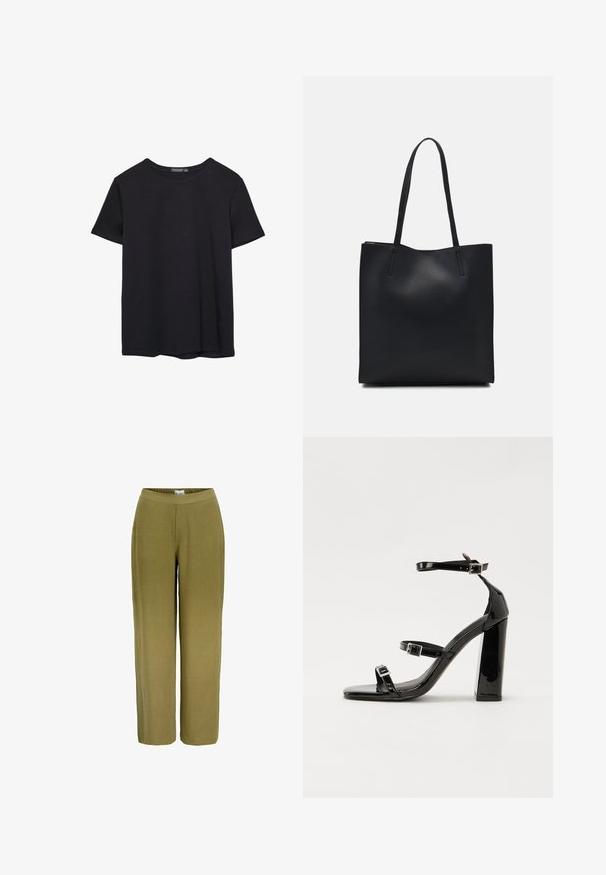 T-shirt nera in cotone a maniche corte con collo a giro, esposta su uno sfondo bianco.; Pantaloni a gamba larga in verde oliva. Realizzati in un tessuto testurizzato con una vita elasticizzata, presentano una finitura liscia e senza hardware visibile.; Sandali con tacco in vernice nera, con punta squadrata, cinturini alla caviglia e fibbie in argento. Presentano un tacco a blocco spesso per maggiore stabilità.; Borsa tote in pelle nera con texture liscia, forma rettangolare e due manici lunghi. Nessun hardware o decorazione visibile.