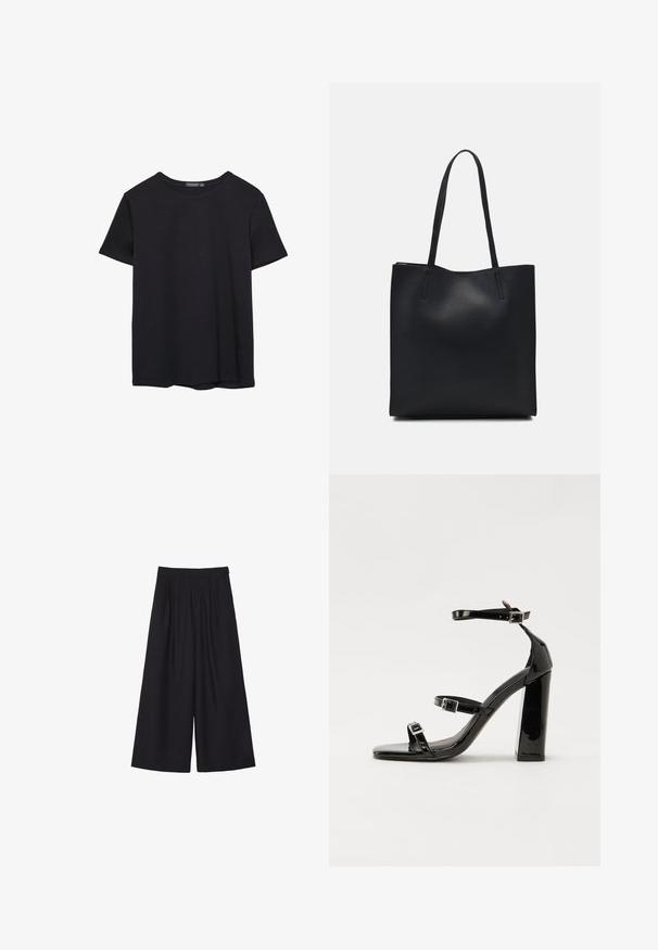 En enkel svart bomulls T-shirt med kort ärm och rund hals, uppvisad på en vit bakgrund.; Svarta vida byxor med veck, tillverkade av ett slätt tyg. Har hög midja och en ren, skräddarsydd passform.; Svarta lackerade klacksandaler med fyrkantig tå, ankelremmar och silverfärgade spännen. Har en kraftig blockklack för stabilitet.; Svart lädertoffelväska med slät textur, rektangulär form och två långa handtag. Ingen synlig hårdvara eller dekorationer.