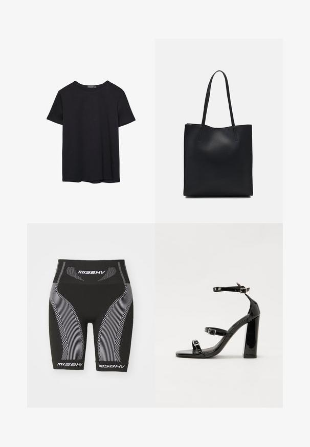 T-shirt en coton noir à manches courtes, col rond, présenté sur un fond blanc.; Shorts noirs avec des rayures blanches et des accents en damier. La ceinture affiche le nom de la marque "MISBHV." Design ajusté.; Sandales à talons vernies noires avec un bout carré, des sangles autour de la cheville et des boucles en argent. Dotées d'un talon bloc épais pour plus de stabilité.; Sac fourre-tout en cuir noir avec une texture lisse, de forme rectangulaire et deux longues poignées. Pas de matériel ou d'ornementations visibles.