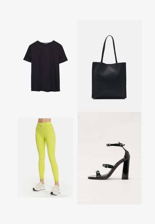 Pura crna pamučna majica kratkih rukava s okruglim izrezom, prikazana na bijeloj pozadini.; Neon žute tajice s visokim strukom, glatkom teksturom i zakrivljenim šavovima; imaju mali logo na struku. Uparene s bijelim tenisicama.; Crne lakirane sandale na pete sa kvadratnim nosom, trakama oko gležnja i srebrnim kopčama. Imaju čvrst blok petu za stabilnost.; Crna kožna torba za nošenje s glatkom teksturom, pravokutnim oblikom i dvije duge ručke. Nema vidljivih metalnih dijelova ili ukrasa.