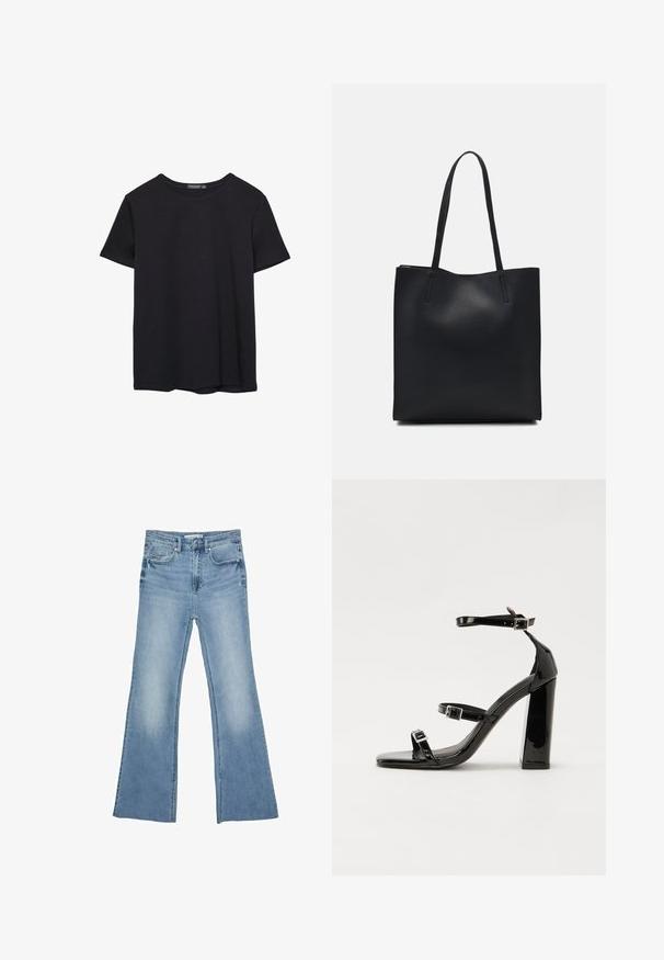 T-shirt nera in cotone a maniche corte con collo a giro, esposta su uno sfondo bianco.; Jeans svasati di un blu chiaro realizzati in denim, con un classico design a cinque tasche e chiusura con zip e bottone.; Sandali con tacco in vernice nera, con punta squadrata, cinturini alla caviglia e fibbie in argento. Presentano un tacco a blocco spesso per maggiore stabilità.; Borsa tote in pelle nera con texture liscia, forma rettangolare e due manici lunghi. Nessun hardware o decorazione visibile.