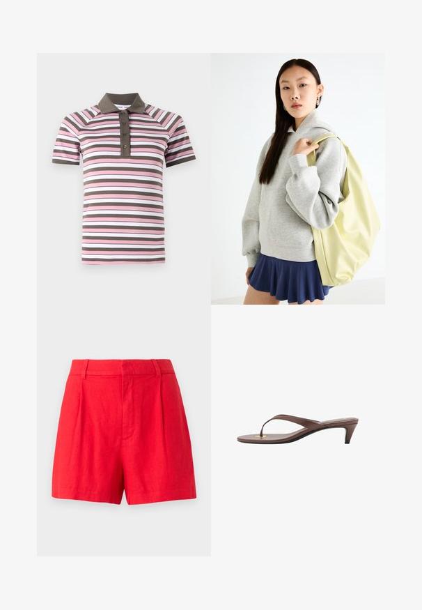 Polo cu mânecă scurtă, cu dungi orizontale roz, alb și maron, guler maron și placket cu nasturi.; Pantaloni scurți roșii din in cu un design croit, având plice, o textură netedă și un tiv mediu.; Sandaș cu toc înalt, de culoare maro, cu o curea subțire și vârf rotunjit, având un mic accent auriu pe talpa interioară.; Hanorac oversized gri cu buzunar tip kangaroo, asociat cu o fustă albă cu volane de culoare bleumarin. Accesoriu: rucsac mare de un galben deschis, cu textură netedă.