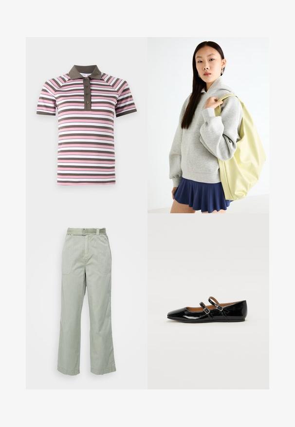 Lühikeste varukatega polo-särk, millel on roosad, valged ja pruunid horisontaalsed triibud, pruun kaelus ja nööpidega alustamine.; Kerged rohelised laiad püksid puuvillast, mis on varustatud vöödega, ees on taskud ja õmblusdetailid mööda saumoone ja ääri.; Mustru musträkk nahast lapikud kingad terava ninaga, kaks klambrit üle vampiiri ning madal ümar konts.; Hallukas halli kapuutsiga jakki, millel on kenguru tasku, sobitatud tumesinise lõhiku säärega seeliku juurde. Aksessuaar: suur heledast kollasest seljakotist, sile tekstuur.