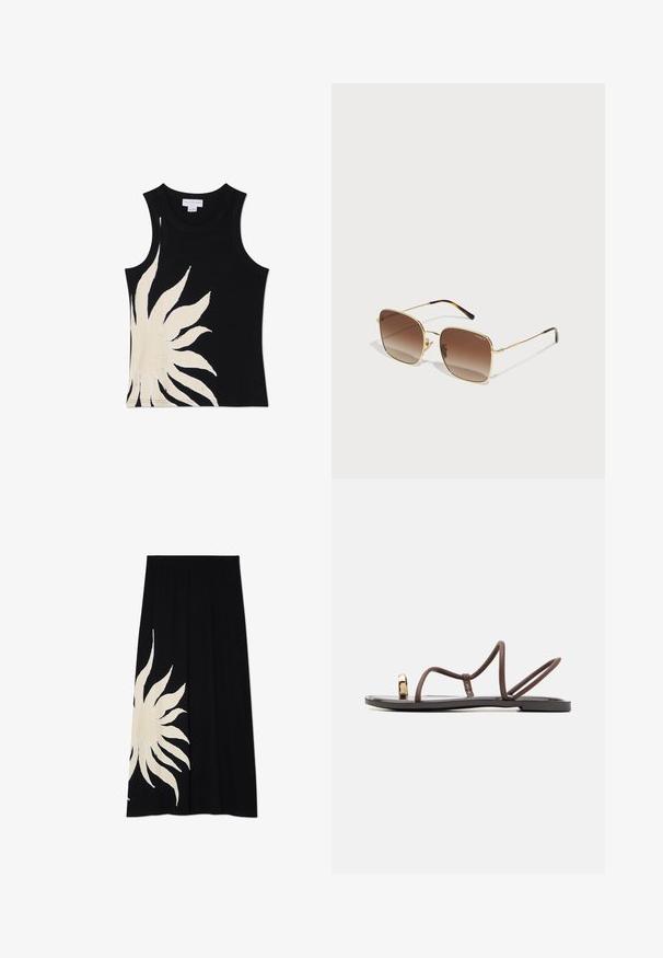 Never Fully Dressed SOL - Débardeur - black; Jupe noire avec un grand motif de soleil blanc sur un côté, texture douce et forme fluide, idéal pour une tenue décontractée.; Sandales plates marron avec plusieurs lanières fines, une boucle pour l'orteil et un accent doré. La semelle est plate et a une finition lisse.; Lunettes de soleil en métal doré avec une monture carrée, des verres bruns dégradés et des détails en écaille de tortue sur les branches. Conception légère.; Sac à main plissé jaune en simili cuir lisse, arborant une forme douce avec une bandoulière unique et un design froncé sur le dessus.; Boucles d'oreilles en métal argenté avec un design ondulé et sculptural, présentant une finition polie et des formes irrégulières, mettant en valeur une esthétique contemporaine.