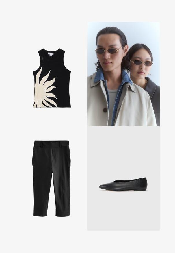 Never Fully Dressed SOL - Top - black; Pantaloni scurți negri cu o textură netedă. Prezintă un talie plată și fără buzunare vizibile, fiind concepuți pentru a oferi o croială ajustată.; Balerini din piele neagră, vârf ascuțit, design minimalist, textură netedă, toc de mică înălțime, fără hardware sau embellishments vizibile.; Ochelari de soare cu ramă aurie și lentile ovale, purtați de două persoane. Una dintre ele poartă un palton bej cu un guler din denim; cealaltă poartă un top închis, cu guler.; Geantă pliată galbenă dintr-un faux leather neted, cu o formă moale, având un singur mânere pentru umăr și un design cu partea superioară gathered.; Cercei din metal argintiu cu un design sculptural ondulat, prezentând o finisare lucioasă și forme neregulate, evidențiind o estetică contemporană.