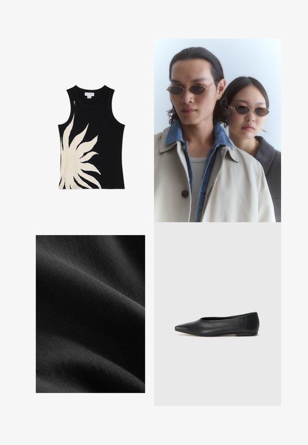 Never Fully Dressed SOL - Top - black; Tessuto nero con una texture liscia e opaca, che mostra sottili variazioni di tonalità e fibra, drappeggiato per rivelare curve morbide e profondità.; Ballerine in pelle nera, punta affusolata, design minimalista, texture liscia, tacco basso, senza hardware o decorazioni visibili.; Occhiali da sole con montatura dorata e lenti ovali, indossati da due persone. Uno indossa un cappotto beige con colletto in denim; l'altro in un top scuro con colletto.; Borsa plissettata gialla in morbida pelle ecologica, con una forma morbida, una sola tracolla e un design superiore arricciato.; Orecchini in metallo argento con un design ondulato e scultoreo, caratterizzati da una finitura lucida e forme irregolari, che evidenziano un'estetica contemporanea.