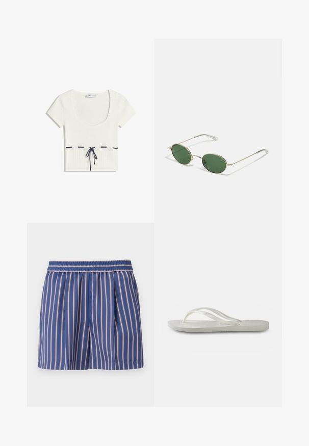 Biały, pleciony top z okrągłym dekoltem i krótkimi rękawami. Posiada ciemnoniebieskie detale ze sznurkiem w talii oraz poziome akcentujące linie.; Niebiesko-różowe szorty w paski z elastycznym paskiem w talii, wykonane z lekkiego materiału, z plisami dodającymi objętości. Klasyczny krój prosty.; Białe klapki z teksturowaną podeszwą, z cienkimi paskami i płaskim fasonem. Wykonane z gumy, z subtelnym logo na wkładce.; Okulary przeciwsłoneczne w złotej oprawie z zielonymi owalnymi soczewkami i cienkimi metalowymi ramionami. Posiadają przezroczyste plastikowe końcówki na ramionach dla wygody.; Złote kolczyki w kształcie obręczy charakteryzują się gładkim, zaokrąglonym wzorem o wypolerowanej powierzchni. Posiadają zapięcie na zawias dla łatwego zakupu.