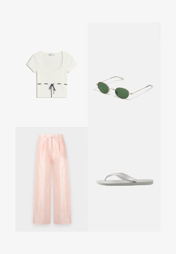 Witte gebreide top met een ronde hals en korte mouwen. Bevat donkerblauwe koorddetails in de taille en horizontale accentlijnen.; Lichtroze, hoog aan de taille, wijdvallende broek, met een gladde, glanzende textuur, plooien aan de voorkant en een bijpassende riem.; Witte flip-flops met een gestructureerde zool en twee dunne banden. De banden zijn glad met subtiele branding. Geen patronen of extra accenten.; Gouden gepersonaliseerde zonnebril met groene ovale lenzen en dunne metalen armen. Voorzien van heldere plastic uiteinden op de armen voor extra comfort.; Zwarte leren handtas met een gestructureerd ontwerp, bovenhandvat en franjes. Heeft een afneembare schouderriem voor veelzijdigheid.; Gouden hoepel oorbellen hebben een glad, rond ontwerp met een gepolijste afwerking. Ze hebben een gehengelde sluiting voor gemakkelijk dragen.