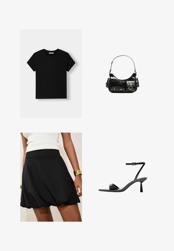 Fekete pamut póló rövid ujjú, kerek nyakkivágással és laza fazonnal. Egyszerű dizájn, minta vagy díszítés nélkül.; Fekete A-vonalú szoknya, fodros aljjal, sima anyagból készült. Tejfehér felsővel és arany karkötővel a csuklón.; Bershka Magas sarkú szandálok - black; Fekete lakkbőr kézitáska ívelt formával, egy vállpánttal, elülső zsebekkel és ezüstszínű fémrészletekkel.