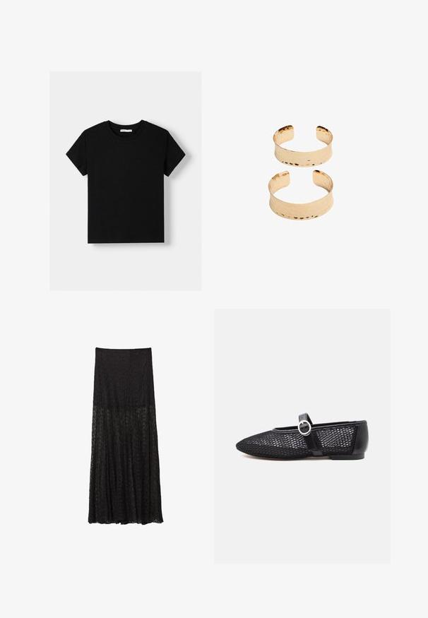 Schwarz Baumwoll-T-Shirt mit kurzen Ärmeln, rundem Halsausschnitt und lockerer Passform. Schlichte Ausführung ohne Muster oder Verzierungen.; Schwarzer Spitzen-Maxi-Rock mit einem gestuften Design, strukturiertem Muster und fließendem Schnitt. Elastischer Taillenbund für eine verstellbare Passform.; Schwarze Mesh-Mary-Jane-Ballerina mit abgerundeter Spitze, verstellbarem Riemen, silberner Schnalle und solidem Fersenbereich auf weißem Hintergrund.; Goldfarbene Metallmanschetten mit einer gehämmerten Textur, die ein offenes Design und glatte Kanten aufweisen. Zwei Größen sind abgebildet: eine breitere und eine schmalere.