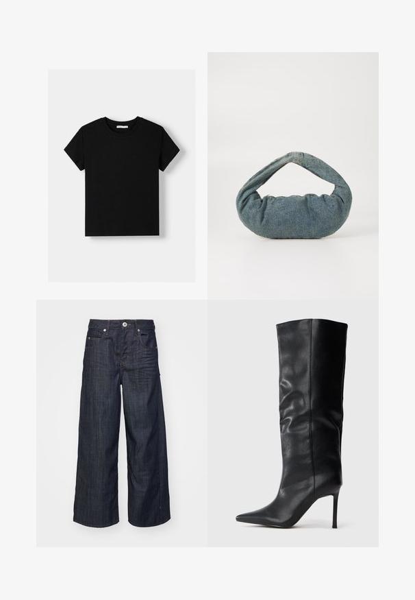 Tricou negru din bumbac, cu mâneci scurte, decolteu rotund și o croială lejeră. Design simplu, fără modele sau embellishments.; Jeans din denim de culoare bleu închis, cu croi larg, închidere cu buton și fermoar în față, bucle pentru curea și stil de cinci buzunare, pe un fundal alb.; Cizma de piele neagră, până la genunchi, cu vârf ascuțit și toc subțire, pe un fundal alb simplu.; Geantă din denim albastru cu o formă rotundă și umplutură, având un mâner curbat. Textura este moale, cu cusături vizibile și un finisaj neted.