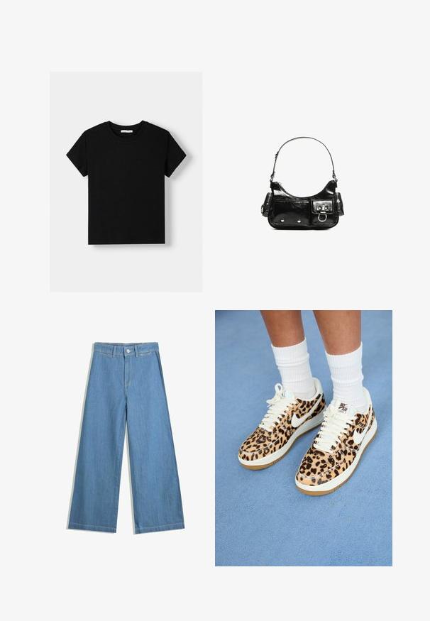 T-shirt nera in cotone con maniche corte, scollatura rotonda e vestibilità comoda. Design semplice senza motivi o decorazioni.; Jeans in denim di un blu chiaro a gamba larga, con chiusura a bottone, passanti per la cintura e dettagli di cucitura discreti.; Sneakers Nike Air Force 1 con stampa leopardata, con lacci e swoosh bianchi, caratterizzati da una suola in gomma beige e una parte superiore testurizzata. Calze a compressione bianche visibili.; Borsa a spalla in vernice nera con forma curvata, una tracolla, tasche frontali e dettagli in metallo argentato.