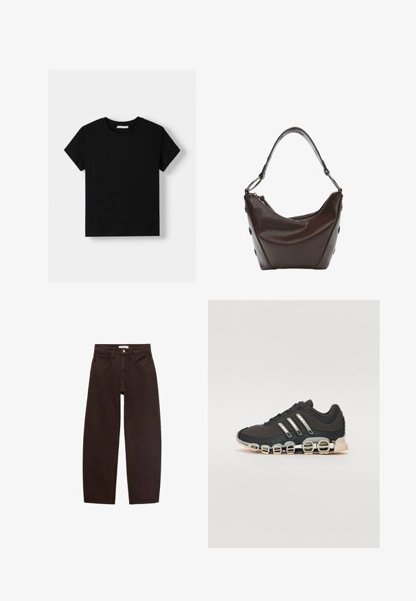 Črna bombažna majica s kratkimi rokavi, okroglim izrezom in sproščenim krojem. Enostaven dizajn brez vzorcev ali okrasitev.; Rjave denim hlače z udobnim krojem, ki imajo pet žepov, zanke za pas in klasičen zadrgo. Gladka tekstura in ravna noga.; Črne športne čevlje z teksturiranim zgornjim delom, tremi srebrnimi črtami in značilno blažilno podplatom, ki vključuje več integriranih delov.; Temna rjava usnjena torbica s ukrivljeno obliko, z zadrgo in kratko ročico. Ima kovinske dodatke in okrasne črne gumbe na strani.
