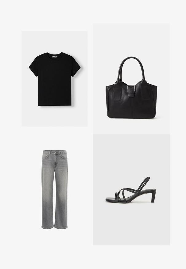 Črna bombažna majica s kratkimi rokavi, okroglim izrezom in sproščenim krojem. Enostaven dizajn brez vzorcev ali okrasitev.; Široke jeans hlače v sivi denimu, z visokim pasom, petimi žepi, sprednjim gumbom in subtilnim zbledanjem na tkanini.; Črne natikače s trakovi in kvadratnim prstom ter nizkim blokastim peto. Imajo več tankih trakov in nastavljiv trak okoli gležnja. Narejene so iz gladkega usnja.; Črna usnjena torba s gladko teksturo, strukturirano obliko, dvema ročkama in izrazitim srebrnim sponko na sprednji strani.