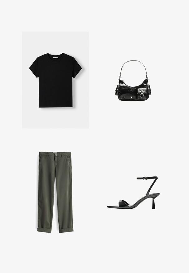 Schwarz Baumwoll-T-Shirt mit kurzen Ärmeln, rundem Halsausschnitt und lockerer Passform. Schlichte Ausführung ohne Muster oder Verzierungen.; Olivgrüne Baumwollhose mit geradem Bein, Fronttaschen und umgeschlagenen Säumen, ausgestattet mit einem Metallknopf- und Reißverschlussverschluss.; Bershka High Heel Sandalette - black; Schwarze Lackleder-Handtasche mit geschwungenem Design, einem Schulterriemen, Vordertaschen und silberfarbenen Hardware-Akzenten.