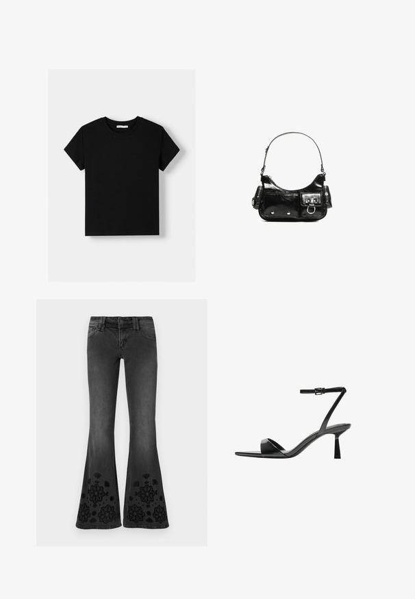 Czarna bawełniana koszulka z krótkimi rękawami, okrągłym dekoltem i luźnym krojem. Gładki design bez wzorów czy ozdób.; Czarne dżinsy z rozszerzanym dołem i wysokim stanem, ozdobione haftem kwiatowym wzdłuż dolnej części nóg, z kieszeniami z przodu i z tyłu oraz szlufkami na pasek.; Bershka - Sandały na obcasie; Czarna torebka z lakierowanej skóry o zaokrąglonym kształcie, z jednym paskiem na ramię, przednimi kieszeniami i akcentami w kolorze srebrnym.