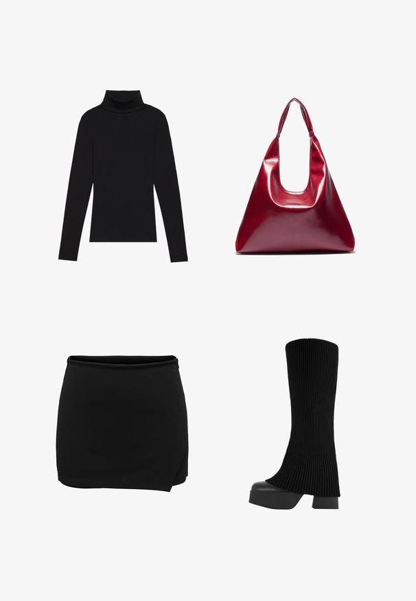 Črna majica s puloverjem in dolgimi rokavi, izdelana iz rebraste tkanine, ima prilegan kroj s visokim ovratnikom in brez vzorcev ali okrasnih elementov.; Črna krila z elastičnim pasom, zasnovana v stilu ovitka. Narejena iz gladkega materiala, ima preprost in čist silhuet. Brez dodatnih podrobnosti.; Črne škornje do kolen z raščlenjeno zgornjo plastjo iz blaga, debelim platformskim podplatom in blok peto, ki ima gladko teksturo in eleganten, sodoben dizajn.; Rdeča sijoča usnjena torbica v trikotni obliki, širokim vrhnjim odprtjem in enim ukrivljenim ročajem. Gladka textura z minimalnimi šivi.