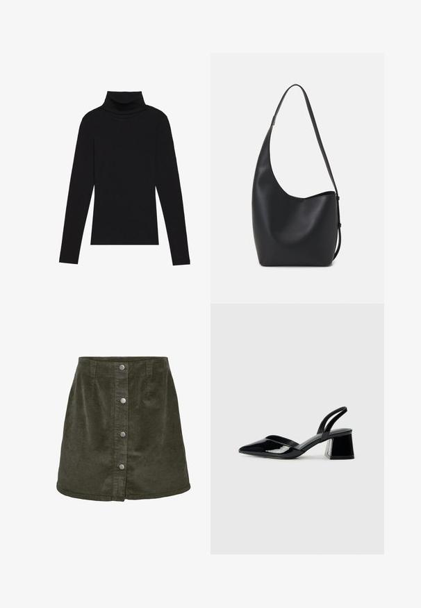 Svart høyhalset langermet topp, laget av ribbestrikket stoff, har en tettsittende design med høy hals og uten mønstre eller dekorasjoner.; Kordfløyel mini-nederdel i mørkegrønn med A-linjeform, med fem sølvfargede knappelukkinger foran og vertikal ribbet tekstur.; Svarte patentlær slingback hæler med spiss tå og geometrisk blokk hæl. Har et stilrent, minimalistisk design og jevn tekstur.; Svart lær hobo-veske med glatt tekstur, buet form og enkelt justerbart stropp; har en bred åpning på toppen.
