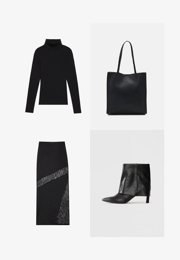 Black turtleneck long-sleeve top, made of ribbed fabric, features a fitted design with a high neckline and no patterns or accents.; Black midi skirt featuring a geometric design with textured lace inserts, structured fabric, and a sleek silhouette.; Black leather mid-calf boot with pointed toe, folded upper shaft, and slender low heel standing on white background.; Black leather tote bag with smooth texture, rectangular shape, and two long handles. No visible hardware or embellishments.