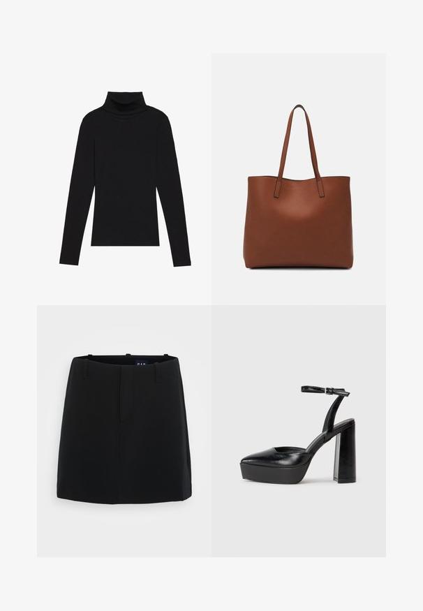 Top de gola alta de manga longa, preto, feito de tecido canelado, apresenta um design justo com um decote elevado e sem padrões ou detalhes.; Saia preta com uma textura de tecido suave, design minimalista, dois bolsos frontais e comprimento até a metade da coxa. Inclui passantes para cinto na cintura.; Saltos altos pretos com bico fino e atilho ajustável no tornozelo. Confeccionados em couro suave, apresentam um salto bloco robusto.; Bolsa tote de couro castanho com uma textura suave, design de abertura superior e duas alças para o ombro. Apresenta costura mínima e sem hardware visível.