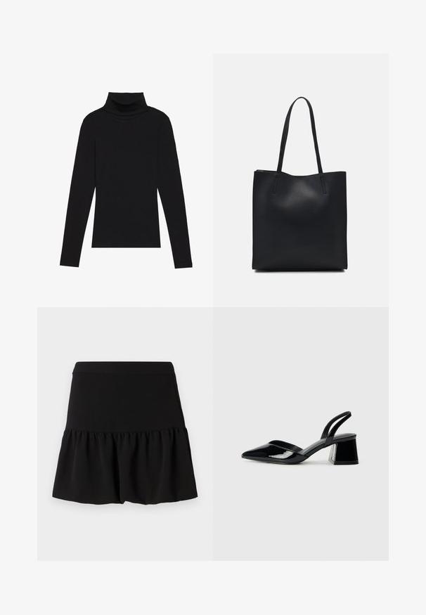 Čierny rolák s dlhým rukávom, vyrobený z rebrovanej tkaniny, má priliehavý strih s vysokým golierom a bez vzorov alebo akcentov.; Čierna sukňa s priliehajúcim pásom a rozšíreným volánom na spodku. Vyrobená z textúrovanej tkaniny, má hladký povrch bez vzorov alebo akcentov.; Čierne lakované kožené sandálové podpätky s špicatou špičkou a geometrickým blokovým podpätkom. Disponujú elegantným, minimalistickým dizajnom a hladkým povrchom.; Čierna kožená taška na rameno s hladkým povrchom, obdĺžnikovým tvarom a dvoma dlhými uchami. Bez viditeľného kovania alebo ozdôb.