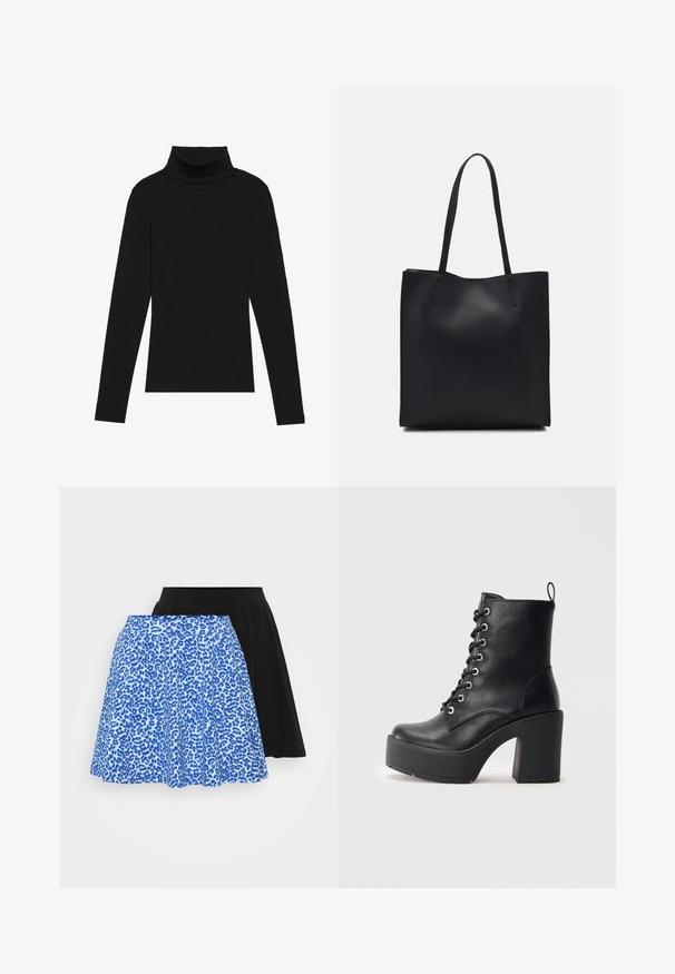 Top de gola alta de manga longa, preto, feito de tecido canelado, apresenta um design justo com um decote elevado e sem padrões ou detalhes.; Duas saias: uma azul com um padrão de estampa de leopardo e uma preta lisa, ambas com um design evasé e tecido suave.; Botim de pele preta até ao tornozelo com um salto bloco chunky, frente com atacadores e superfície texturizada. Apresenta uma lingueta na parte de trás para um uso fácil.; Bolsa tote preta em couro com textura lisa, forma retangular e duas alças longas. Sem hardware ou enfeites visíveis.