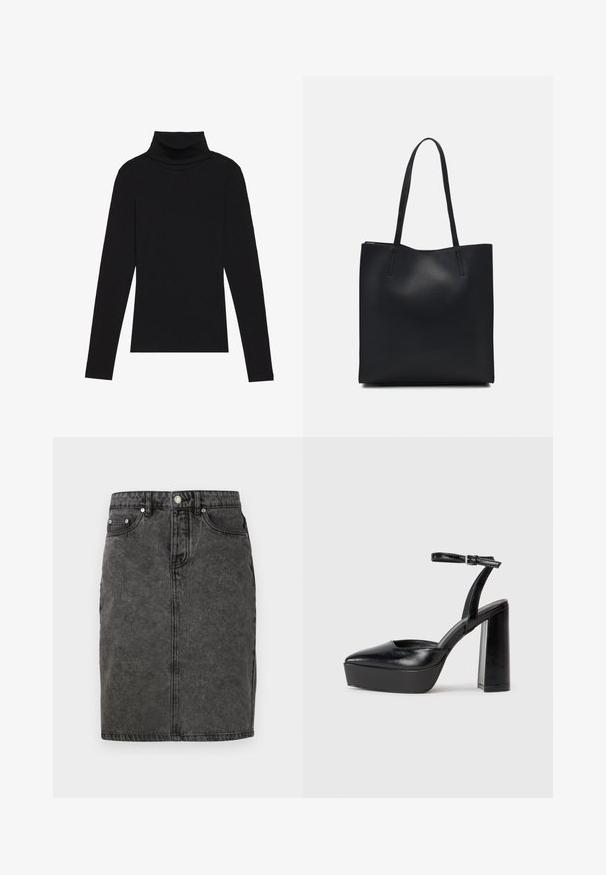 Juoda turtleneko ilgo rankovės viršutinė dalis, pagaminta iš raukšlėtos medžiagos, turi prigludusią formą, aukštą apykaklę ir neturi jokių raštų ar akcentų.; Juodas džinsinis sijonas su tiesiu kirpimu, priekyje užsegamas knopkėmis, su diržo kilpomis ir subtiliu blukimo efektu, turintis dvi šonines kišenes.; Juodi platforminiai aukšti kulniukai su smailiu kojų pirštu ir reguliuojamu kulkšnies dirželiu. Pagaminti iš lygaus odos, turi masyvų blokinį kulną.; Juodas odinis tote krepšys su lygia tekstūra, stačiakampio formos ir dviem ilgais rankenomis. Matomų metalinių detalių ar puošybos nėra.