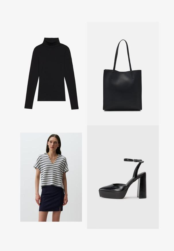 Schwarzes langärmeliges Turtleneck-Oberteil aus geripptem Stoff, mit einer taillierten Passform, hohem Kragen und ohne Muster oder Akzente.; Gestreifter Stricktop mit V-Ausschnitt, der horizontale Streifen in Marineblau und Creme zeigt. Kombiniert mit einem Marineblauen Rock mit seitlichem Schlitz.; Schwarze Plateau-High Heels mit spitzem Zeh und verstellbarem Knöchelriemen. Gefertigt aus glattem Leder und mit einem klobigen Blockabsatz.; Schwarze Laptoptasche aus Leder mit glatter Textur, rechteckiger Form und zwei langen Griffen. Keine sichtbaren Beschläge oder Verzierungen.