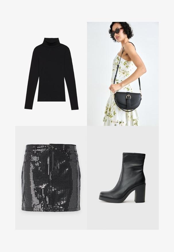 Cămășuță neagră cu guler înalt, dintr-un material cu dungi, cu un design aderent, fără modele sau accente.; Fustă mini neagră cu paiete, design ajustat, închidere cu nasture și o textură strălucitoare care reflectă lumina. Margină dreaptă și buzunare funcționale.; Cizmă de gleznă din piele neagră, cu toc bloc înalt, textură netedă, design ajustat și detalii cusute în partea de sus.; Geantă din piele neagră, cu o formă curbată, curea detașabilă și accesorii aurii. Geanta are un capac cu un detaliu tip cataramă.