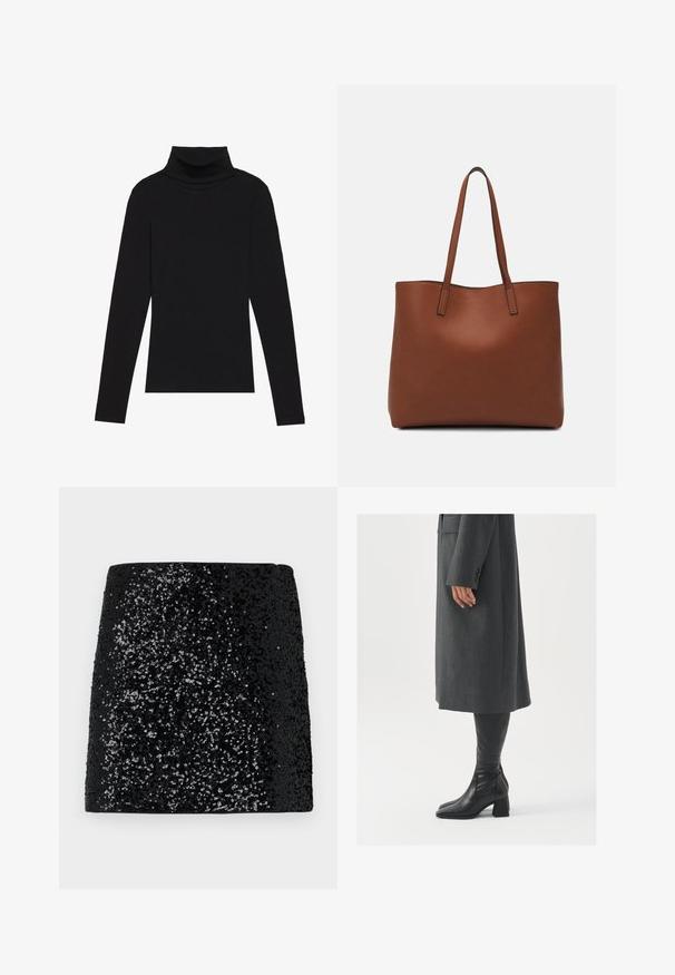 Fekete garbónyakú, hosszú ujjú felső, bordás anyagból készült, testhez álló fazonnal, magas nyakkal, minták és díszítések nélkül.; Fekete flitteres szoknya texturált felülettel, sűrűtől ritkáig terjedő flittermintázattal, egyenes szabású, látható záróelemek nélkül.; Szürke, szabott overál, egyenes vonallal; térd fölé érő fekete bőrcsizmákkal párosítva, négyzetes orral és vastag sarokkal.; Barna bőr vászontáska sima textúrával, nyitott tetejű dizájnnal és két vállpánttal. Minimális varrással és látható hardver nélkül készült.