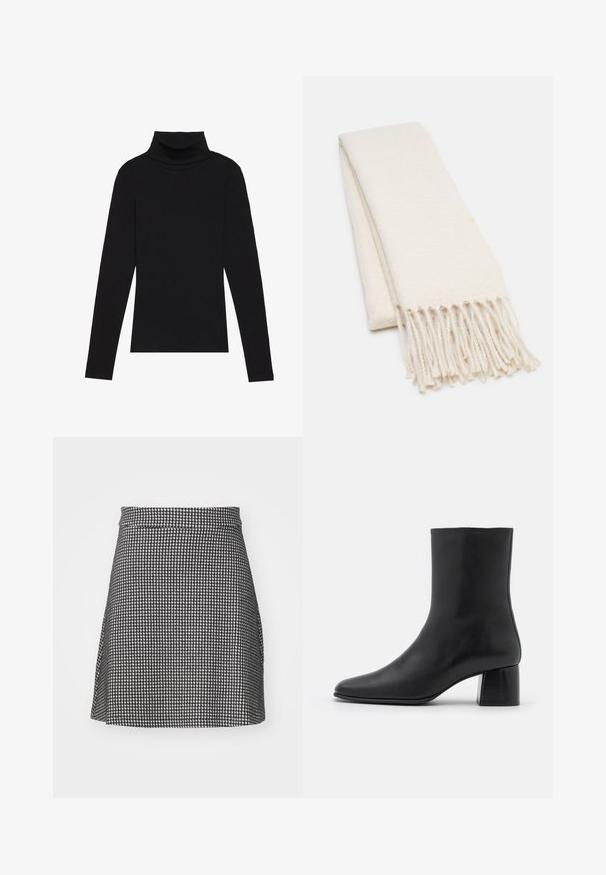 Schwarzes langärmeliges Turtleneck-Oberteil aus geripptem Stoff, mit einer taillierten Passform, hohem Kragen und ohne Muster oder Akzente.; HUGO NALIRIA - A-Linien-Rock - grau; Schwarze Leder-Ankle-Boots mit spitzer Zehenpartie und einem klobigen, quadratischen Absatz. Glatte Textur mit nahtlosem Design und minimalistischem Nähen.; Weißer Schal mit einem strukturierten Muster, das Fransenenden aufweist. Das Material scheint weich und leicht zu sein, ordentlich gefaltet zur Präsentation.