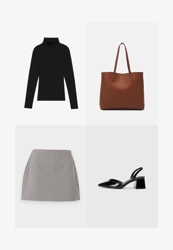 Black turtleneck long-sleeve top, made of ribbed fabric, features a fitted design with a high neckline and no patterns or accents.; Black and white gingham skirt with a straight cut, pleated sides, and a smooth texture. The fabric features a small check pattern.; Black patent leather slingback heels with a pointed toe and a geometric block heel. Features a sleek, minimal design and smooth texture.; Brown leather tote bag with a smooth texture, open top design, and two shoulder straps. Features minimal stitching and no visible hardware.