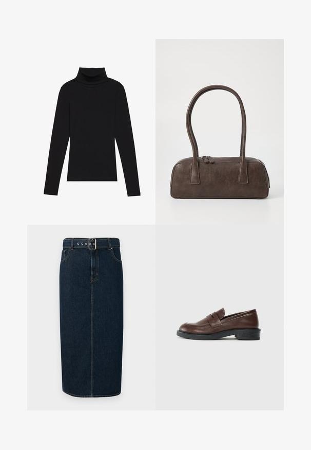 Svart høyhalset langermet topp, laget av ribbestrikket stoff, har en tettsittende design med høy hals og uten mønstre eller dekorasjoner.; Mørkeblå denim midi skjørt med rett snitt, utstyrt med en spennebelte, sølvfarget maskinvare og kontraststing langs sømmene.; Brune lærloafers med en rund tå, som har en dekorativ rem over vristen, og en lav, teksturert svart gummihæl.; Brun lærveske med to robuste håndtak, rektangulær form, jevn tekstur og glidelås. Minimalistisk design uten synlige mønstre.