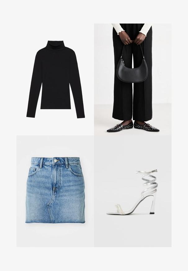 Svart høyhalset langermet topp, laget av ribbestrikket stoff, har en tettsittende design med høy hals og uten mønstre eller dekorasjoner.; Denim mini skjørt i lys blå farge, rett snitt, fem-lomme design og knappelukking med en subtil falming.; Sølv høyhælte sandaler med et glitrende stroppdesign, som har en perle-lignende akcent og en spiralformet ankelstropp for sikker passform.; Svart skinn skulderveske med en avrundet form, glanset overflate og sølvfargede detaljer. Person iført sorte vide bukser og naglede loafers.