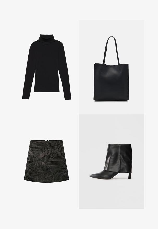Svart høyhalset langermet topp, laget av ribbestrikket stoff, har en tettsittende design med høy hals og uten mønstre eller dekorasjoner.; Svart mini skjørt med teksturert, plisserte design som har geometriske mønstre. Rett fasong med usynlig glidelås bak.; Svart skinnhalvstøvlett med spiss tå, brettet øvre skaft og slank lav hæl som står på hvit bakgrunn.; Svart lær tote bag med glatt tekstur, rektangulær form og to lange håndtak. Ingen synlige deler eller dekorasjoner.