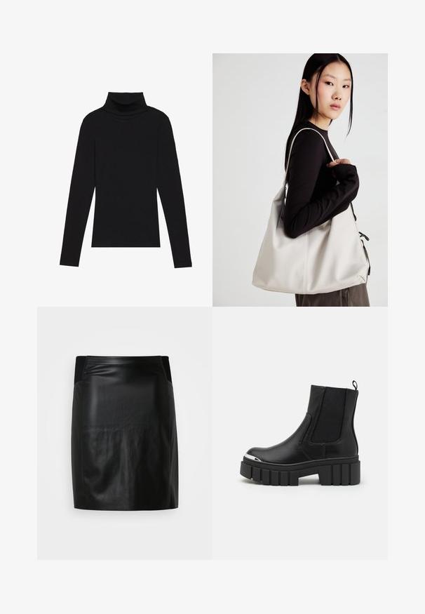 Melnā turtlenecka garām piedurknēm augšdaļa, izgatavota no ribotas auduma, ar pieguļošu piegriezumu, augstu kakla izgriezumu un bez rakstiem vai akcentiem.; Melnas ādas mini svārki ar gludu tekstūru, kam ir pieguļošs dizains un elastīga josta, piedāvājot elegantu un mūsdienīgu izskatu.; Melnas potītes botas, izgatavotas no gludas ādas, ar elastīgām paneļām, biezu platformas zoli un metalizētu purngali.; Bežs rokassoma, izgatavota no mīksta materiāla, ar brīvu dizainu, izšūtu apdari un divām plecu siksnām. Piemērota ikdienas lietošanai.