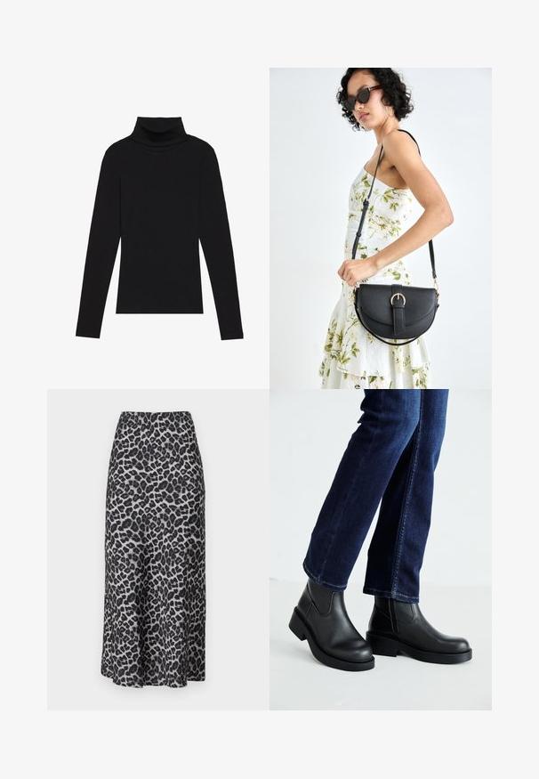 Fekete garbónyakú, hosszú ujjú felső, bordás anyagból készült, testhez álló fazonnal, magas nyakkal, minták és díszítések nélkül.; Leopárd mintázatú maxi szoknya sima, könnyű anyagból. Rugalmas derékrésszel és a bokáig érő, légies siluettel rendelkezik.; Fekete bőr bokacsizma vastag talppal és oldalán elnyújtott elasztikus betétekkel, sötétkék farmerral párosítva. A talaj világos színű.; Fekete bőrtáska ívelt formával, levehető pánttal és arany színű fémrészekkel. A táskán egy csattal díszített fedél található.