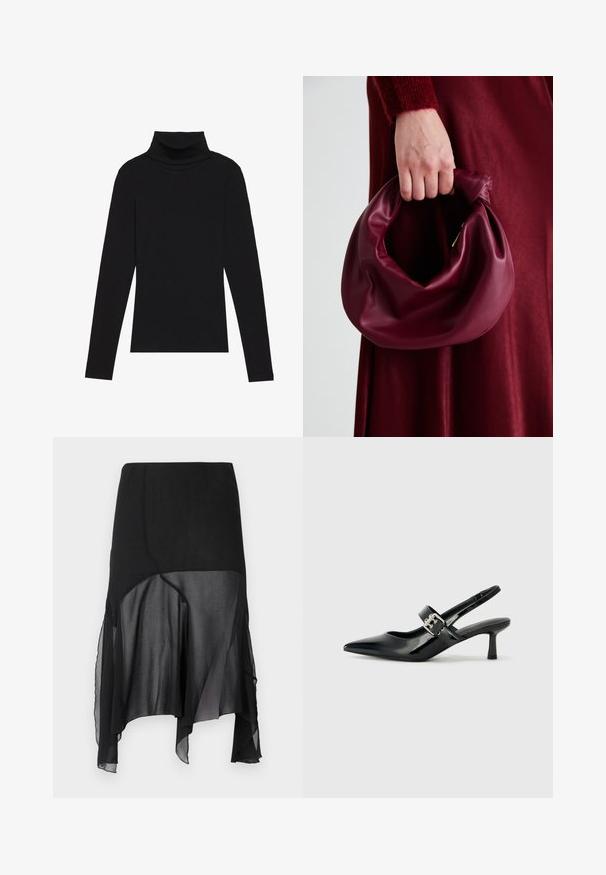 Juoda turtleneko ilgo rankovės viršutinė dalis, pagaminta iš raukšlėtos medžiagos, turi prigludusią formą, aukštą apykaklę ir neturi jokių raštų ar akcentų.; AVAVAV DRAPED SKIRT - Trapecinis sijonas - black; Juodai lakuoti slingback aukštakulniai su smailiu kojų pirštu ir mažais blokiniais kulniukais, su sidabro sagtimi ant dirželio.; Bordo odinė rankinė su minkštu, susiraukšlėjusiu dizainu ir apvalia forma. Rankena yra tvirtai pritvirtinta, atskleidžianti lygią tekstūrą.