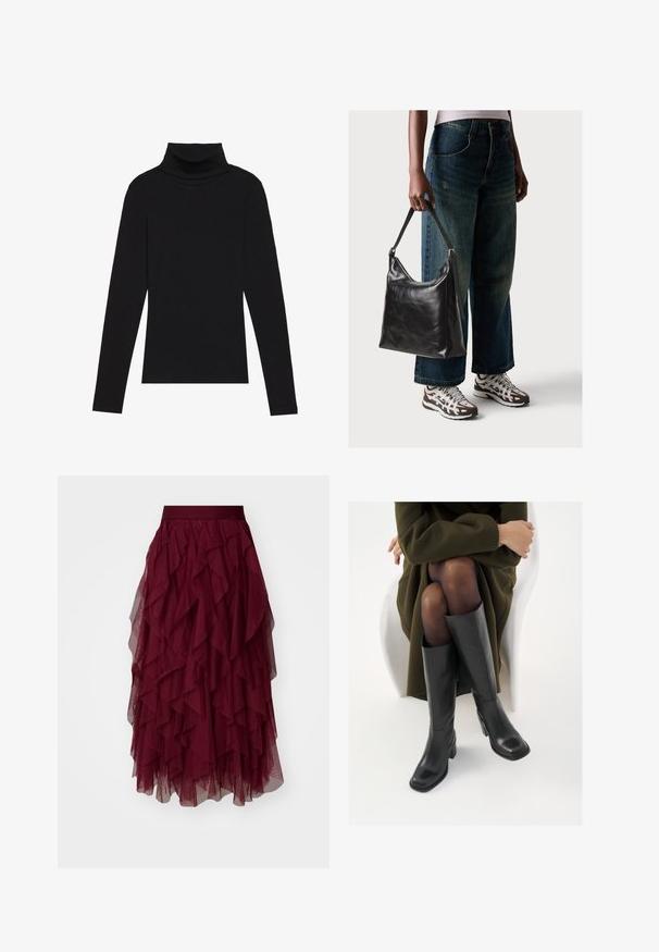 Top de manga larga de cuello alto negro, hecho de tela de canalé, presenta un diseño ajustado con un cuello alto y sin patrones ni acentos.; Falda de tul burdeos con múltiples volantes en capas, una cinturilla ancha y una silueta fluida. Tela ligera y texturizada que realza el movimiento.; Botas de cuero negro hasta la rodilla con puntera cuadrada y tacón de bloque, presentadas con un modelo sentado en un abrigo verde oliva. Textura suave, mínimo detalle.; Bolso de hombro de cuero negro con una textura suave y correa ajustable, combinado con jeans de pierna ancha desgatados y zapatillas deportivas.
