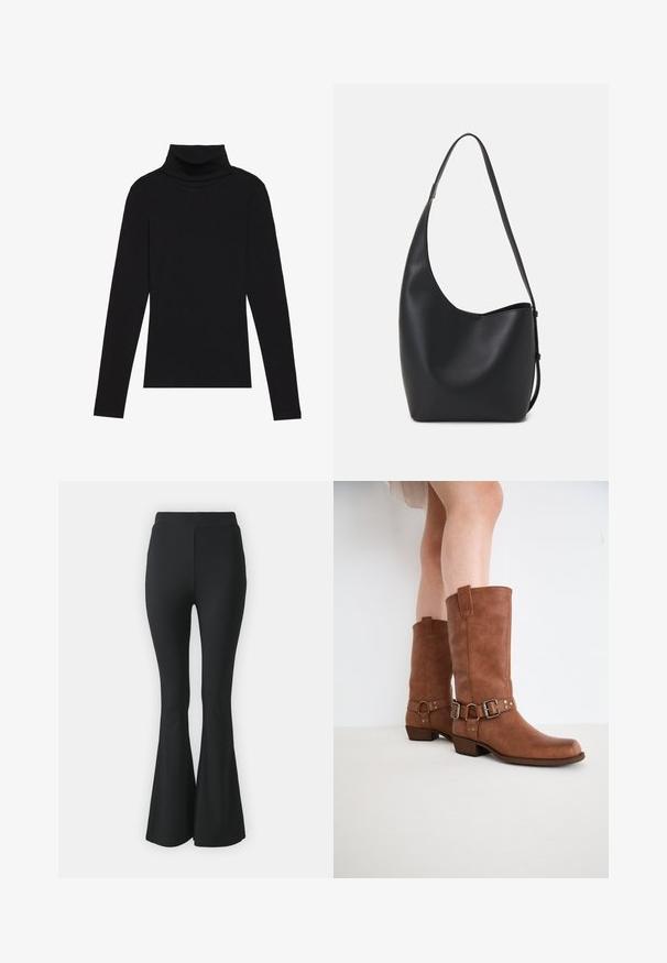 Juoda turtleneko ilgo rankovės viršutinė dalis, pagaminta iš raukšlėtos medžiagos, turi prigludusią formą, aukštą apykaklę ir neturi jokių raštų ar akcentų.; Juoda platės kelnės, pagamintos iš tamprios medžiagos. Turi aukštą juosmenį ir glotnią, prisitaikančią struktūrą, kuri išsiplėtė nuo kelio žemyn.; Rudos odinės kulkšninių batai su šiek tiek smailiu nosimi, dekoratyvinėmis sagtimis ir žemu krūvą. Lygus paviršius su matinio apdaila.; Juodas odinis hobo maišas su lygiu paviršiumi, kreipta forma ir viena reguliuojama rankena; turi platų atidarymą viršuje.