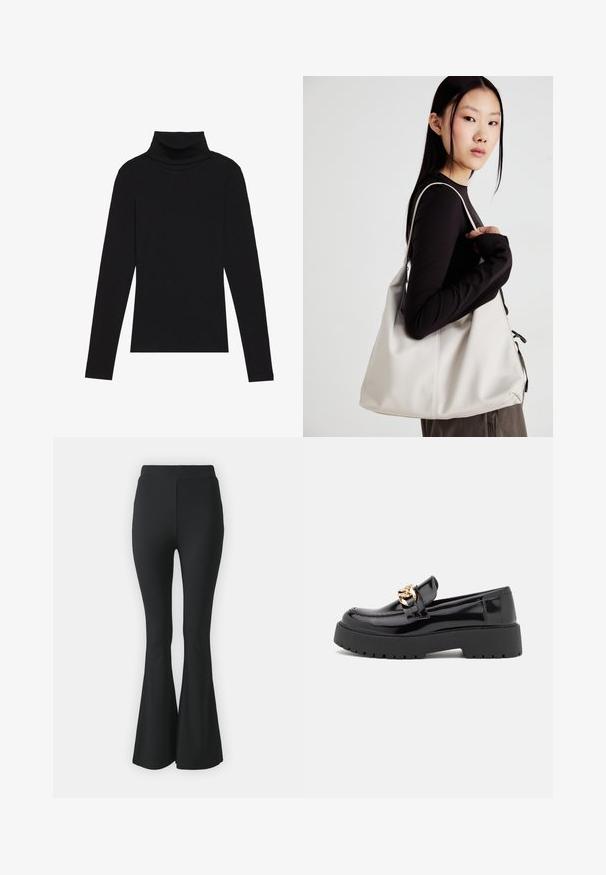 Svart høyhalset langermet topp, laget av ribbestrikket stoff, har en tettsittende design med høy hals og uten mønstre eller dekorasjoner.; Svarte vide bukser laget av elastisk stoff. Har høy midje og en glatt, tettsittende design som vidder ut fra kneet og nedover.; Sorte lakkert skinnloafer med en kraftig svart såle og detaljer i gull. Glatt tekstur og avrundet tådesign.; Beige håndveske laget av mykt materiale, med en slapp design, sydd detaljer og to skulderstropper. Passer for daglig bruk.