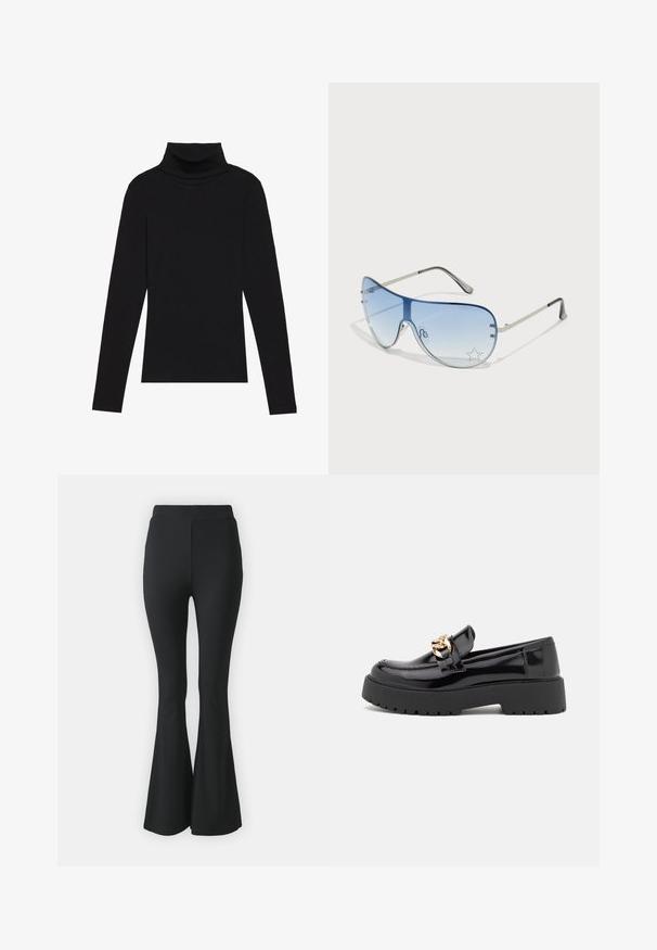 Melnā turtlenecka garām piedurknēm augšdaļa, izgatavota no ribotas auduma, ar pieguļošu piegriezumu, augstu kakla izgriezumu un bez rakstiem vai akcentiem.; Melni platas bikses, kas izgatavotas no elastīga auduma. Tām ir augsts viduklis un gluda, pieguloša forma, kas paplašinās no ceļa uz leju.; Melni lakoti mokasīni ar masīvu melnu zoli un zelta aksesuāriem. Gluda tekstūra un noapaļota purngala dizains.; Pilotstila saulesbrilles ar gradienta zilām lēcām, sudraba metāla rāmjiem un dekoratīvām zvaigžņu akcentiem uz lēcām. Gluda un eleganta dizaina.