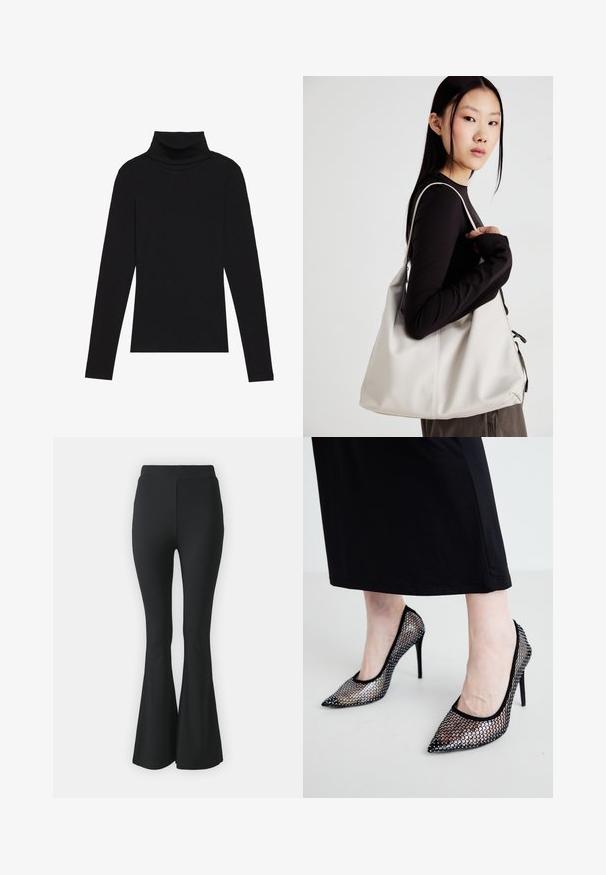 Czarna bluzka z długim rękawem i kołnierzem typu stójka, wykonana z prążkowanej tkaniny, charakteryzuje się dopasowanym krojem, wysokim dekoltem oraz brakiem wzorów i zdobień.; Czarne spodnie z szerokimi nogawkami wykonane z elastycznego materiału. Posiadają wysoką talię oraz gładki, dopasowany krój, który rozszerza się od kolan w dół.; Czarne siatkowe szpilki z wąskim noskiem i cienkim obcasem typu stiletto. Wzorzysta konstrukcja z okrągłymi wycięciami, oferująca półprzezroczysty wygląd.; Beżowa torebka wykonana z miękkiego materiału, charakteryzująca się luźnym fasonem, wyszywanymi detalami i dwoma uchwytami na ramię. Idealna na co dzień.