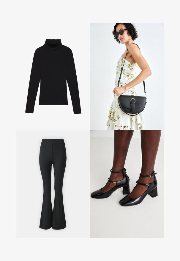 Černý rolák s dlouhým rukávem, vyrobený z žebrované látky, má upnutý střih s vysokým výstřihem a žádné vzory ani akcenty.; Černé rozšířené kalhoty vyrobené z elastického materiálu. Mají vysoký pas a hladký, přiléhavý design, který se rozšiřuje od kolene dolů.; ALDO KAERI - Klasické lodičky - black; Černá kožená kabelka s křivkovým tvarem, odnímatelným popruhem a zlatými detaily. Kabelka má klopu s přezkou.