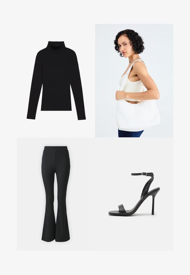 Top de gola alta de manga longa, preto, feito de tecido canelado, apresenta um design justo com um decote elevado e sem padrões ou detalhes.; Calças pretas de boca de sino feitas de tecido elástico. Apresentam uma cintura alta e um design suave e ajustado que se alarga a partir do joelho para baixo.; Sandal de salto alto preto com uma tira fina no tornozelo e duas faixas frontais. Feita de couro liso com um bico afilado e salto agulha.; Bolsa de ombro branca feita de material liso, apresentando um recorte oval e um design de alça larga. Simples e moderna, sem hardware visível.