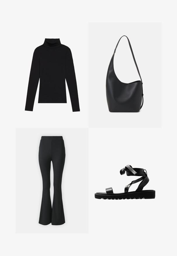 Top de gola alta de manga longa, preto, feito de tecido canelado, apresenta um design justo com um decote elevado e sem padrões ou detalhes.; Calças pretas de boca de sino feitas de tecido elástico. Apresentam uma cintura alta e um design suave e ajustado que se alarga a partir do joelho para baixo.; Chinelos pretos com uma sola texturizada, apresentando tiras finas e um design em nó. Feitos de material elegante, com forma moderna e ponta aberta.; Saco hobo preto em pele com uma textura lisa, forma curva e uma única alça ajustável; apresenta uma abertura larga na parte de cima.
