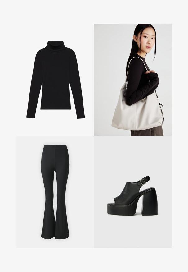Top de gola alta de manga longa, preto, feito de tecido canelado, apresenta um design justo com um decote elevado e sem padrões ou detalhes.; Calças pretas de boca de sino feitas de tecido elástico. Apresentam uma cintura alta e um design suave e ajustado que se alarga a partir do joelho para baixo.; Sandálias plataforma pretas, com abertura nos dedos, design curvado, fita slingback e salto bloco chunky. Textura de pele lisa, estilo minimalista.; Uma bolsa bege feita de material macio, com um design descontraído, detalhes de costura e duas alças para o ombro. Adequada para uso diário.